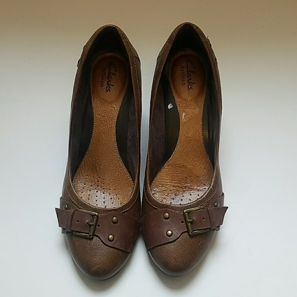 Clarks Brown Leather Wedge Pumps